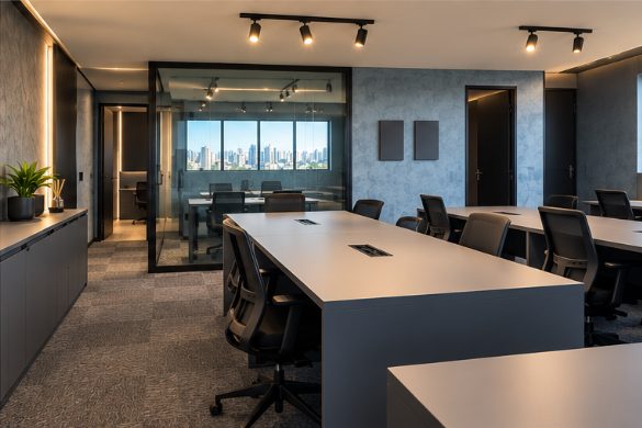 Área de trabalho com sala envidraçada